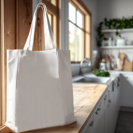 Eine Weiße Einkaufstasche steht in der Küche